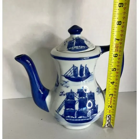 Vintage China Blue Teapot Mann Japan Nautical Ship Blue White Porcelain